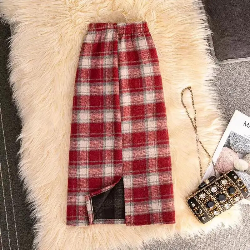 Gyapjú lányok gyapjú kockás szoknyák lábszárközépig, 2024 új gyermek tavaszi őszi ceruzaszoknyák tizenéves lányoknak hasított khaki kockás szoknyák