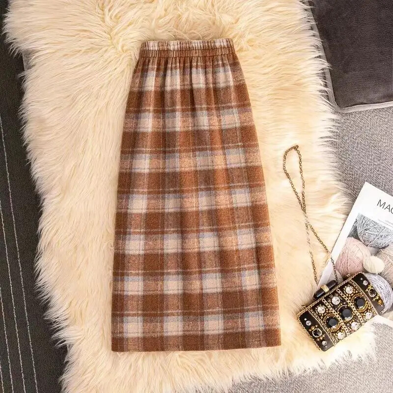 Gyapjú lányok gyapjú kockás szoknyák lábszárközépig, 2024 új gyermek tavaszi őszi ceruzaszoknyák tizenéves lányoknak hasított khaki kockás szoknyák