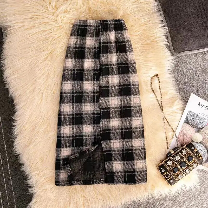 Gyapjú lányok gyapjú kockás szoknyák lábszárközépig, 2024 új gyermek tavaszi őszi ceruzaszoknyák tizenéves lányoknak hasított khaki kockás szoknyák
