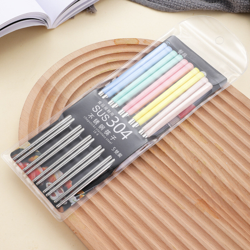 5 poros nerūdijančio plieno lazdelės Korėjos nešiojamos kelioninės metalinės lazdelės maistinės sušių lazdelės neslystančios, daugkartinio naudojimo, lengvai valomos