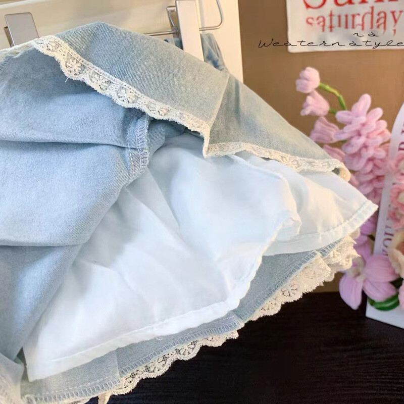 Fuste de blugi cu fundă pentru fete dulci 2024 de vară în stil coreean cu talie elastică din dantelă cu marginea fustei în formă de A Copii fuste albastre Jeans Haine pentru copii