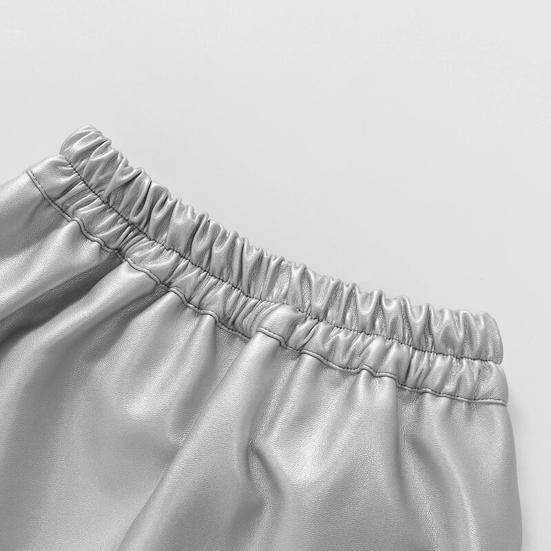 Δερμάτινες φούστες για κορίτσια Ασημί χρώμα PU Φθινόπωρο Χειμώνας Ψηλόμεση σε γραμμή Α κοντή φούστα Εφηβική Παιδικά ρούχα Ομάδα μόδας Φούστα χορού