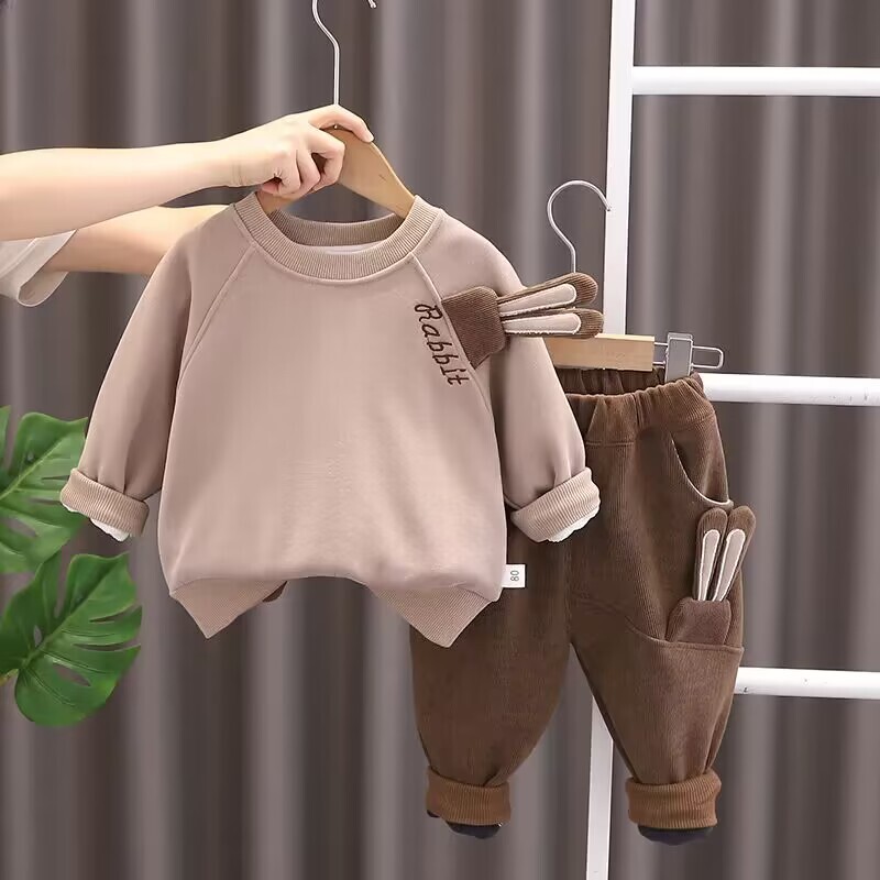 Φθινοπωρινό και χειμερινό σετ ρούχων για αγόρια Νέα παιδική κορεατική έκδοση παντελόνι με κουκούλα πουλόβερ δύο τεμαχίων Σετ κοριτσάκι Βρεφικό βελούδο