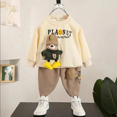 Zēnu rudens un ziemas plīša komplekts 2023. gada jauns, moderns bērnu džemperis, divdaļīgs komplekts, skaists mazu zēnu apģērbs