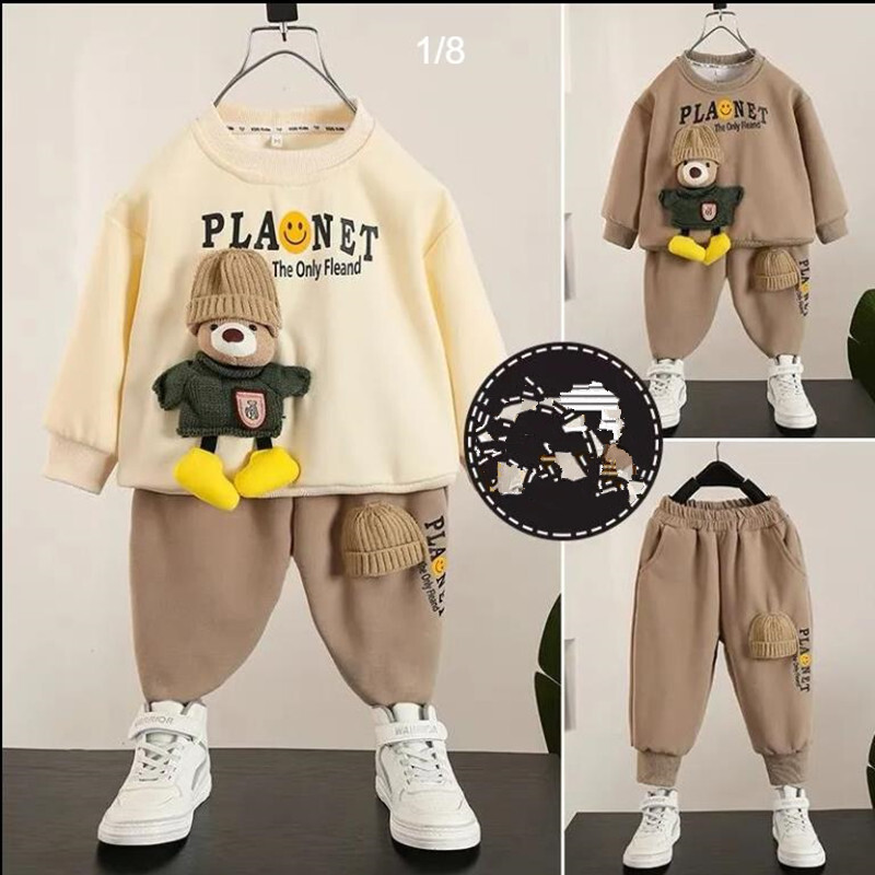 Zēnu rudens un ziemas plīša komplekts 2023. gada jauns, moderns bērnu džemperis, divdaļīgs komplekts, skaists mazu zēnu apģērbs