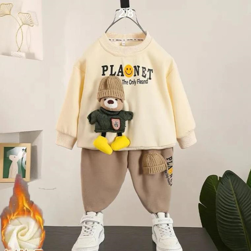 Zēnu rudens un ziemas plīša komplekts 2023. gada jauns, moderns bērnu džemperis, divdaļīgs komplekts, skaists mazu zēnu apģērbs