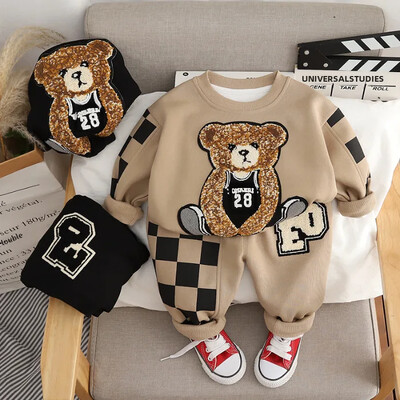 2024 Νέο παιδικό casual κομψό κοστούμι Κορεατικής έκδοσης Φούτερ Cartoon Letter καρό παντελόνι 2 τεμαχίων για αγόρια