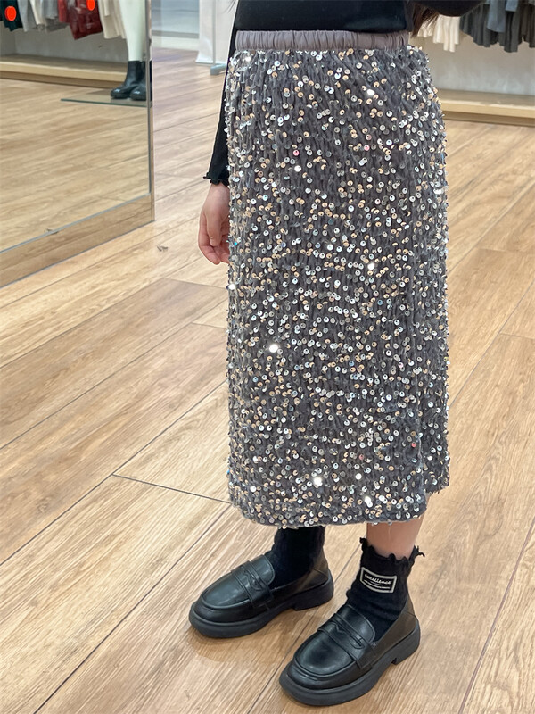 Φόρεμα για κορίτσια Μόδα βελούδινη φούστα παγιέτα πίσω με σχισμή ελαστική μέση Φούστα με ένα βήμα Baby girl Fashion Κορεάτικο στυλ αιτιατό μισό φόρεμα