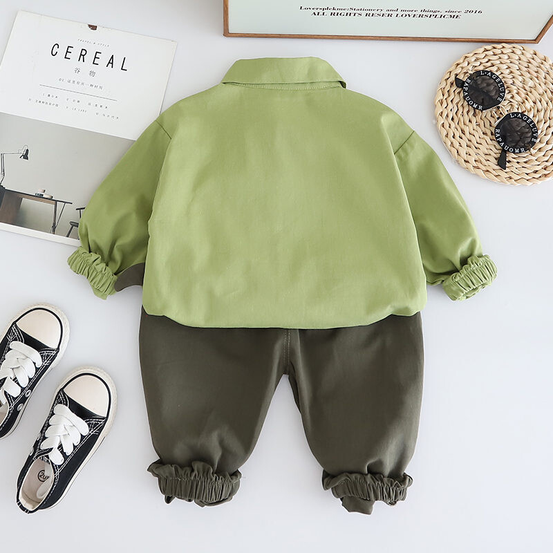 Új tavaszi gyerekruházat gyerek pamut sport patchwork dinoszaurusz baba ing farmer 2db/szett Gyerek fiú alkalmi öltöny 1 2 3 4 5 év