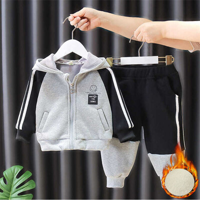 Χειμερινό συνονθύλευμα για αγόρια με βελούδινη επένδυση με κουκούλα Παλτό Χοντρό Παιδικό Σετ 2 τεμαχίων Λούτρινο νέο παντελόνι Jogger Παιδικά σύνολα 1-5 ετών