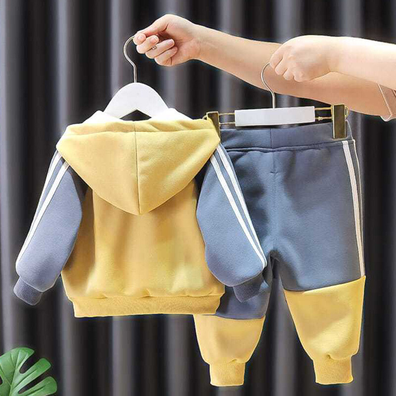 Χειμερινό συνονθύλευμα για αγόρια με βελούδινη επένδυση με κουκούλα Παλτό Χοντρό Παιδικό Σετ 2 τεμαχίων Λούτρινο νέο παντελόνι Jogger Παιδικά σύνολα 1-5 ετών