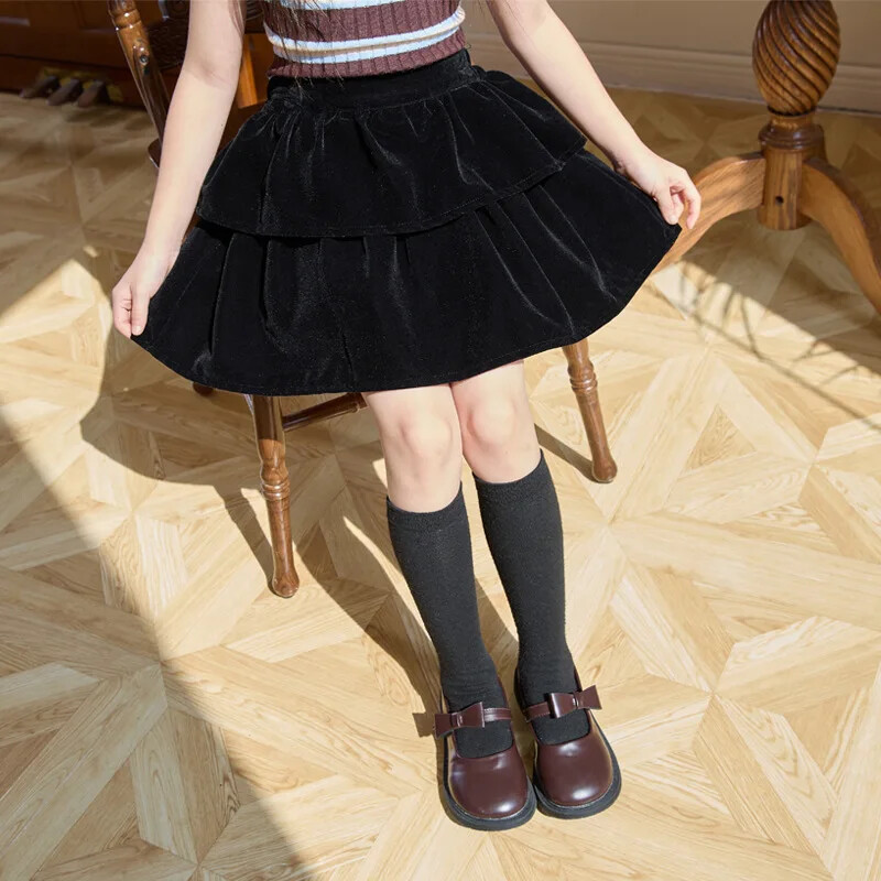 Παιδική μαύρη βελούδινη φούστα κέικ Ψηλόμεση Μίνι φόρεμα για κορίτσια για κορίτσια Άνοιξη Φθινόπωρο 2024