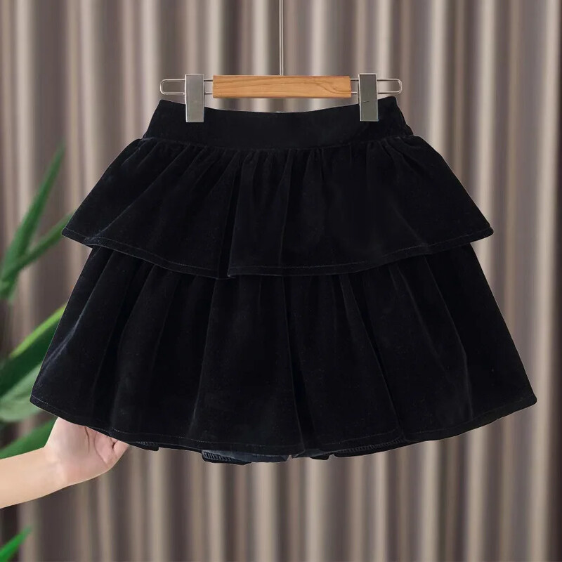 Παιδική μαύρη βελούδινη φούστα κέικ Ψηλόμεση Μίνι φόρεμα για κορίτσια για κορίτσια Άνοιξη Φθινόπωρο 2024