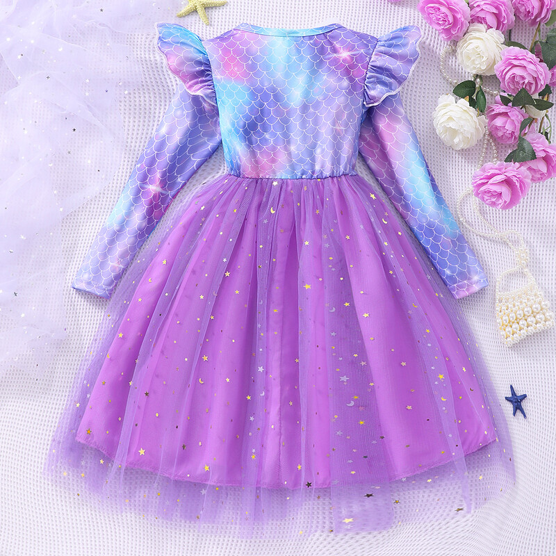 Meiteņu kleita ar garām piedurknēm apaļu kakla izgriezumu zivju zvīņā