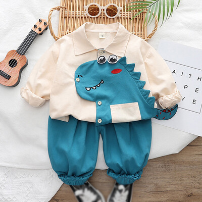 Drabužių rinkinys vaikams kūdikiui berniukui rudens siuvinėtas dinozauras mažiems berniukams 2 vnt. Drabužiai Atvarteliai Medvilninis megztinis + kelnių kostiumai