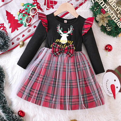 Prowow 3-7Y Vaikiškos kalėdinės suknelės mergaitėms Red Deers spausdinta suknelė su diržu Naujųjų metų kostiumas vaikams Kalėdiniai drabužiai 2025 m.
