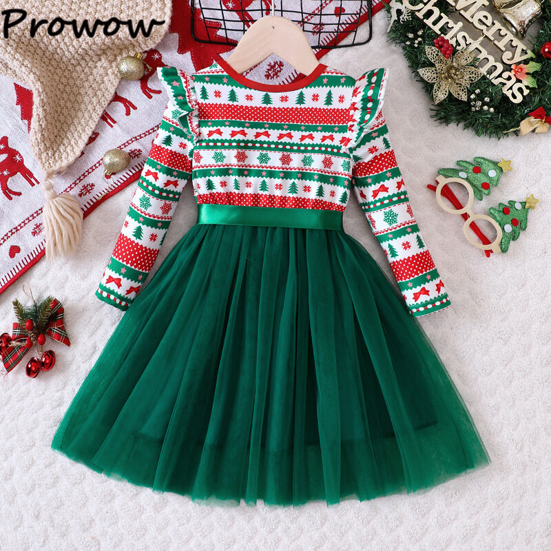 Prowow 3-7Y Vaikiškos kalėdinės suknelės mergaitėms Red Deers spausdinta suknelė su diržu Naujųjų metų kostiumas vaikams Kalėdiniai drabužiai 2025 m.