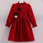 Sieviešu bērnu rudens ziemas sarkana kleita ar vilnas oderi Stilīga ķīniešu vintage meiteņu ikdienas kleita vidējiem un lieliem bērniem