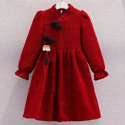 Sieviešu bērnu rudens ziemas sarkana kleita ar vilnas oderi Stilīga ķīniešu vintage meiteņu ikdienas kleita vidējiem un lieliem bērniem
