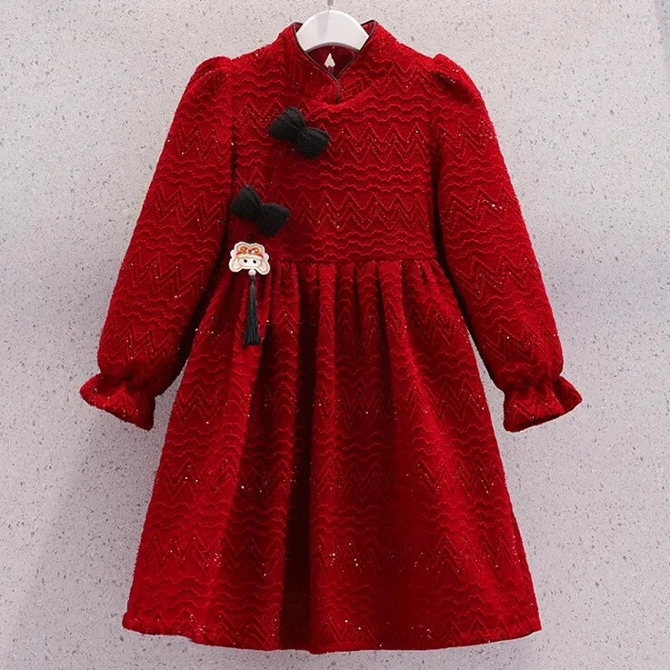 Sieviešu bērnu rudens ziemas sarkana kleita ar vilnas oderi Stilīga ķīniešu vintage meiteņu ikdienas kleita vidējiem un lieliem bērniem