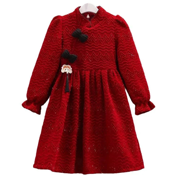 Sieviešu bērnu rudens ziemas sarkana kleita ar vilnas oderi Stilīga ķīniešu vintage meiteņu ikdienas kleita vidējiem un lieliem bērniem