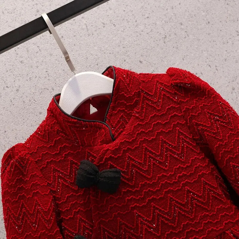 Sieviešu bērnu rudens ziemas sarkana kleita ar vilnas oderi Stilīga ķīniešu vintage meiteņu ikdienas kleita vidējiem un lieliem bērniem