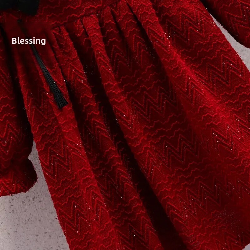 Sieviešu bērnu rudens ziemas sarkana kleita ar vilnas oderi Stilīga ķīniešu vintage meiteņu ikdienas kleita vidējiem un lieliem bērniem