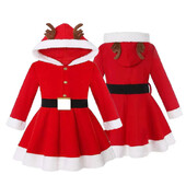 Bērnu Ziemassvētku kleita Jaunas meitenes ar aļņu kapuci, kostīms bērniem Ziemassvētku ballītei, sarkana kleita 2024. gads. Pusaudžu multfilmas apģērbs 4–14 gadi