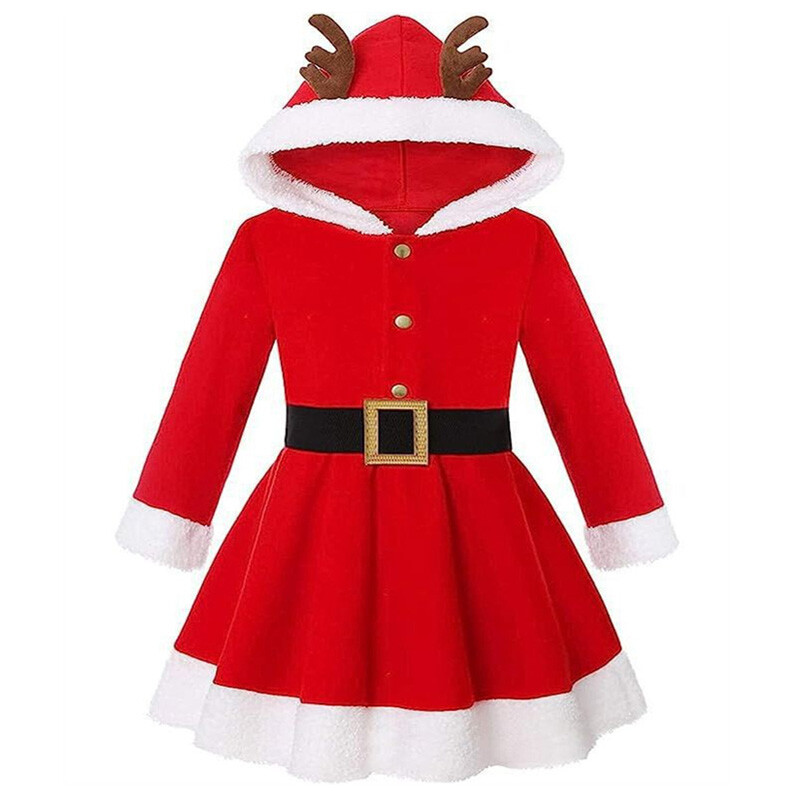 Bērnu Ziemassvētku kleita Jaunas meitenes ar aļņu kapuci, kostīms bērniem Ziemassvētku ballītei, sarkana kleita 2024. gads. Pusaudžu multfilmas apģērbs 4–14 gadi