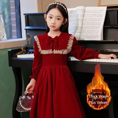 Rochii roșii burgundă pentru fete, iarnă, toamnă, petrecere pentru adolescenți, rochie formală, cu mânecă lungă, prințesă, haine pentru copii, rochie de Crăciun, cadou 4-14 ani