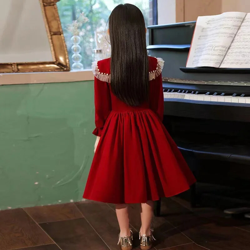 Rochii roșii burgundă pentru fete, iarnă, toamnă, petrecere pentru adolescenți, rochie formală, cu mânecă lungă, prințesă, haine pentru copii, rochie de Crăciun, cadou 4-14 ani