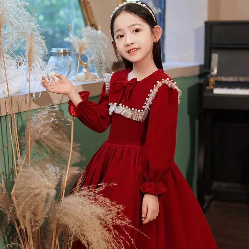 Rochii roșii burgundă pentru fete, iarnă, toamnă, petrecere pentru adolescenți, rochie formală, cu mânecă lungă, prințesă, haine pentru copii, rochie de Crăciun, cadou 4-14 ani