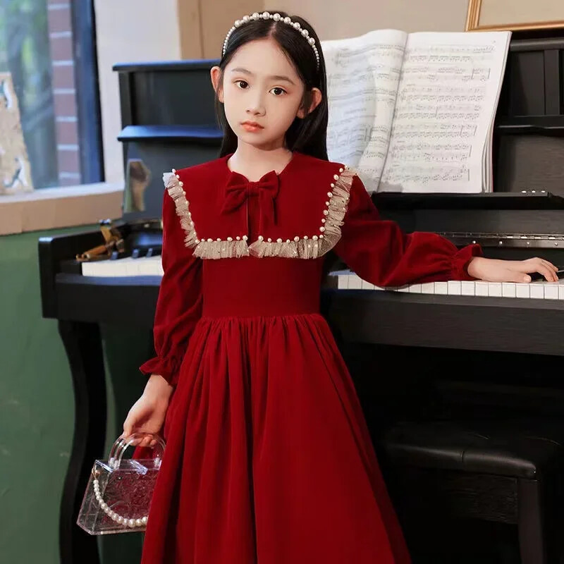 Rochii roșii burgundă pentru fete, iarnă, toamnă, petrecere pentru adolescenți, rochie formală, cu mânecă lungă, prințesă, haine pentru copii, rochie de Crăciun, cadou 4-14 ani