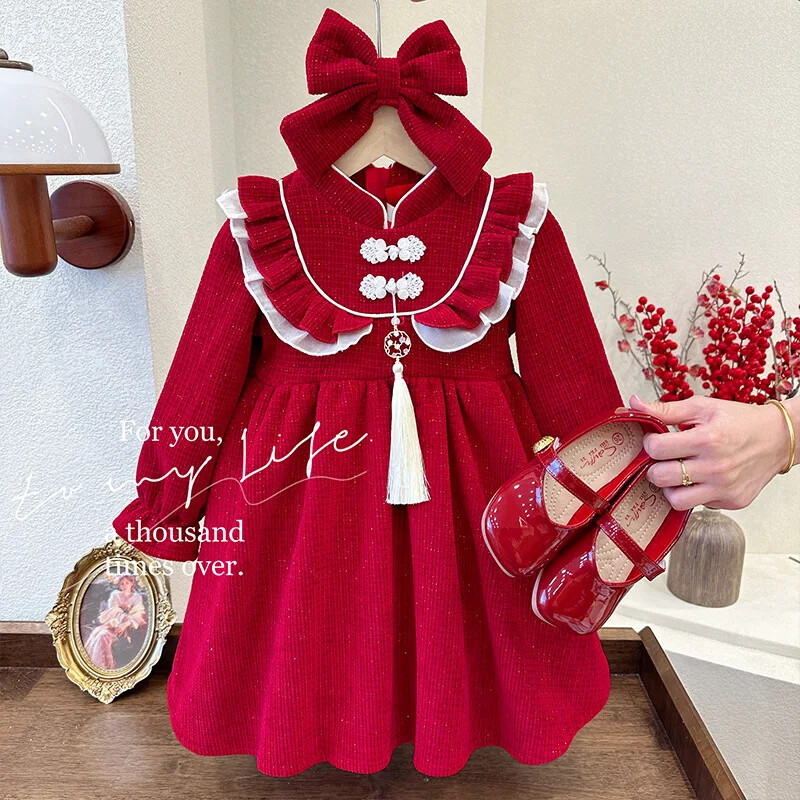 Ziemas jauna stila princešu kleita bērnu kleitas meiteņu ikdienas kleitas jaungada apģērbi sarkanā krāsā bērnu kleita
