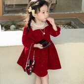 2023 m. mergaičių graži raudona žieminė suknelė Aksominė šilta elegantiška karoliukais papuošta gimtadienio princesės suknelės vaikams vaikiški drabužiai