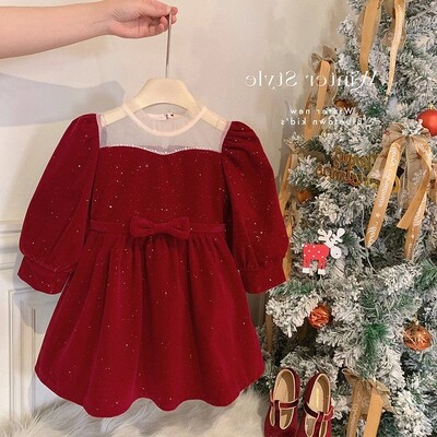 2023 m. mergaičių graži raudona žieminė suknelė Aksominė šilta elegantiška karoliukais papuošta gimtadienio princesės suknelės vaikams vaikiški drabužiai