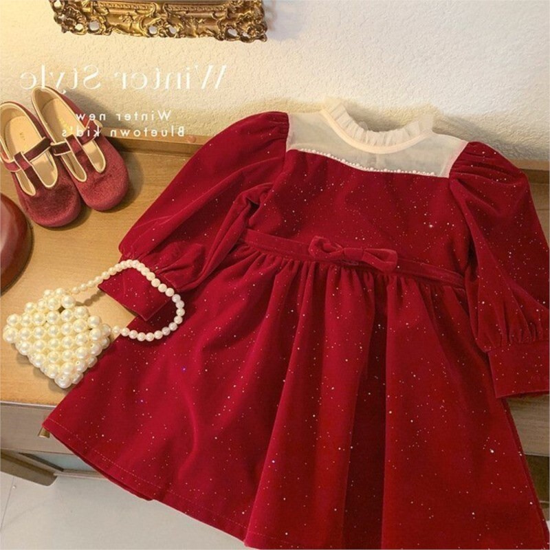 2023 m. mergaičių graži raudona žieminė suknelė Aksominė šilta elegantiška karoliukais papuošta gimtadienio princesės suknelės vaikams vaikiški drabužiai