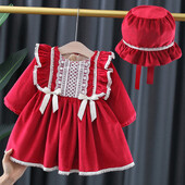 2 τεμάχια Φθινοπωρινά χειμερινά νεογέννητα κοριτσίστικα ρούχα Χαριτωμένο φιόγκο Ζεστό χοντρό φλις Princess Πολυτελές φόρεμα γενεθλίων+καπέλο βρεφικά φορέματα BC1516-1