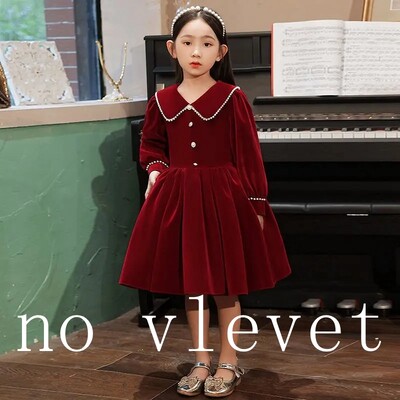 Jesenska dječja crvena svečana haljina dugih rukava za djevojčice Jednobojne tinejdžerske haljine s otvorenim ovratnikom Odjevne kombinacije za malu djecu Haljina u korejskom stilu za djevojčicu