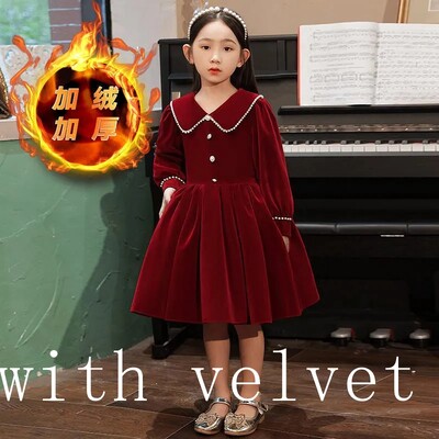 Jesenska dječja crvena svečana haljina dugih rukava za djevojčice Jednobojne tinejdžerske haljine s otvorenim ovratnikom Odjevne kombinacije za malu djecu Haljina u korejskom stilu za djevojčicu