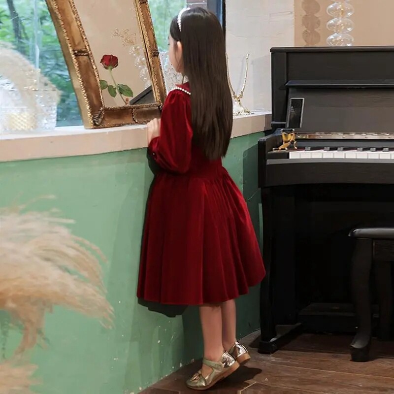 Jesenska dječja crvena svečana haljina dugih rukava za djevojčice Jednobojne tinejdžerske haljine s otvorenim ovratnikom Odjevne kombinacije za malu djecu Haljina u korejskom stilu za djevojčicu