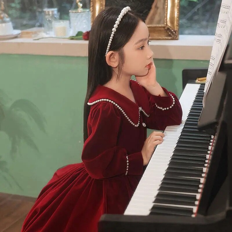 Jesenska dječja crvena svečana haljina dugih rukava za djevojčice Jednobojne tinejdžerske haljine s otvorenim ovratnikom Odjevne kombinacije za malu djecu Haljina u korejskom stilu za djevojčicu