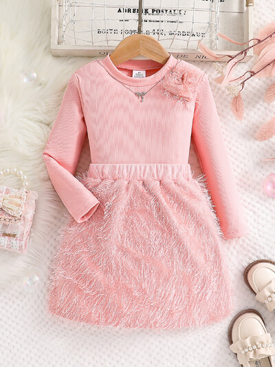 Bērnu pavasara un rudens jauna meiteņu modes jauks 2-daļīgs komplekts, rozā, apaļš kakls ar garām piedurknēm + savienojami Mao īsi svārki