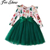 Mazu bērnu, meiteņu Ziemassvētku kleita ar garām piedurknēm ar augstu vidukli A-līnijas tilla kleitas bērniem brīvdienu festivāla ballītei rudens ziemas apģērbs