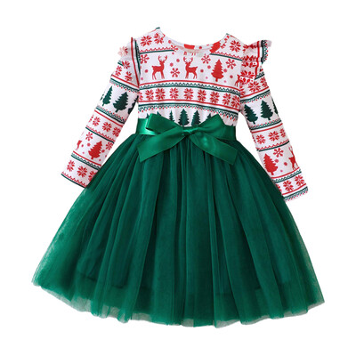 Mazu bērnu, meiteņu Ziemassvētku kleita ar garām piedurknēm ar augstu vidukli A-līnijas tilla kleitas bērniem brīvdienu festivāla ballītei rudens ziemas apģērbs