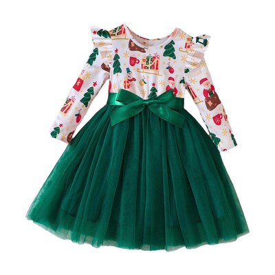 Mazu bērnu, meiteņu Ziemassvētku kleita ar garām piedurknēm ar augstu vidukli A-līnijas tilla kleitas bērniem brīvdienu festivāla ballītei rudens ziemas apģērbs