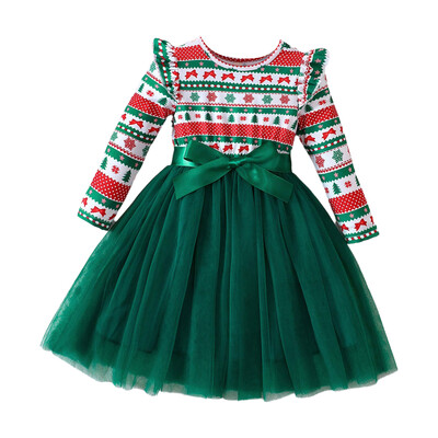 Mazu bērnu, meiteņu Ziemassvētku kleita ar garām piedurknēm ar augstu vidukli A-līnijas tilla kleitas bērniem brīvdienu festivāla ballītei rudens ziemas apģērbs