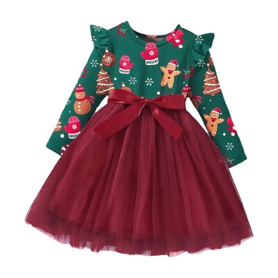 Mazu bērnu, meiteņu Ziemassvētku kleita ar garām piedurknēm ar augstu vidukli A-līnijas tilla kleitas bērniem brīvdienu festivāla ballītei rudens ziemas apģērbs