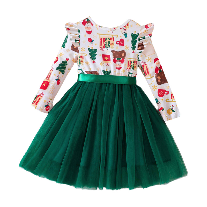 Mazu bērnu, meiteņu Ziemassvētku kleita ar garām piedurknēm ar augstu vidukli A-līnijas tilla kleitas bērniem brīvdienu festivāla ballītei rudens ziemas apģērbs