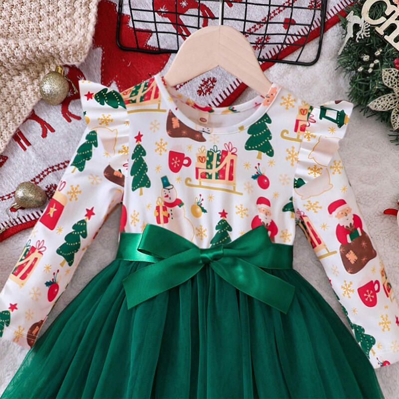 Mazu bērnu, meiteņu Ziemassvētku kleita ar garām piedurknēm ar augstu vidukli A-līnijas tilla kleitas bērniem brīvdienu festivāla ballītei rudens ziemas apģērbs